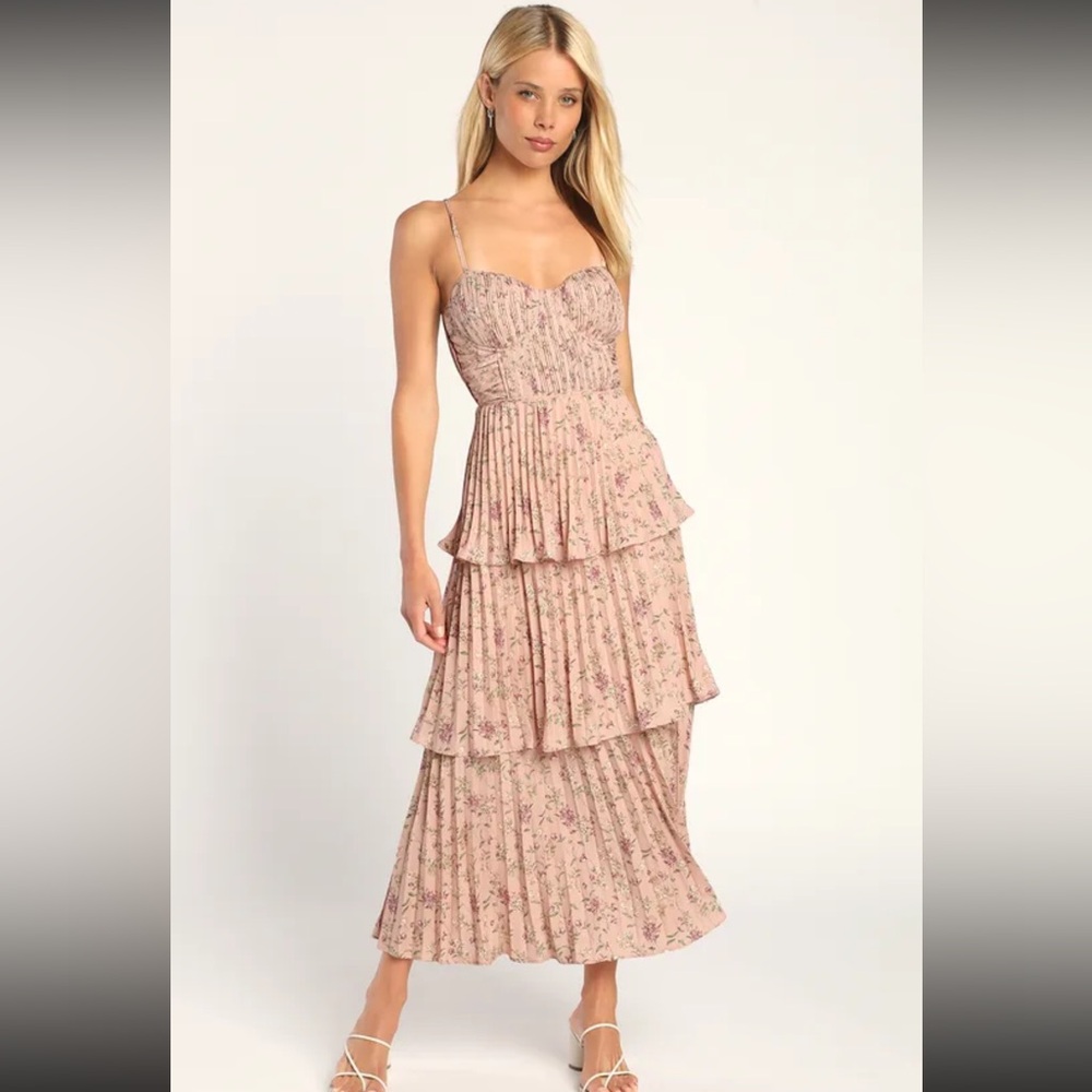Lulus Cascading Crush Pink Floral Print Tiered Bustier Midi Dress